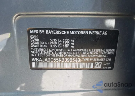 2019 BMW 530E Iperformance z USA, uszkodzony, nr VIN WBAJA9C55KB398548